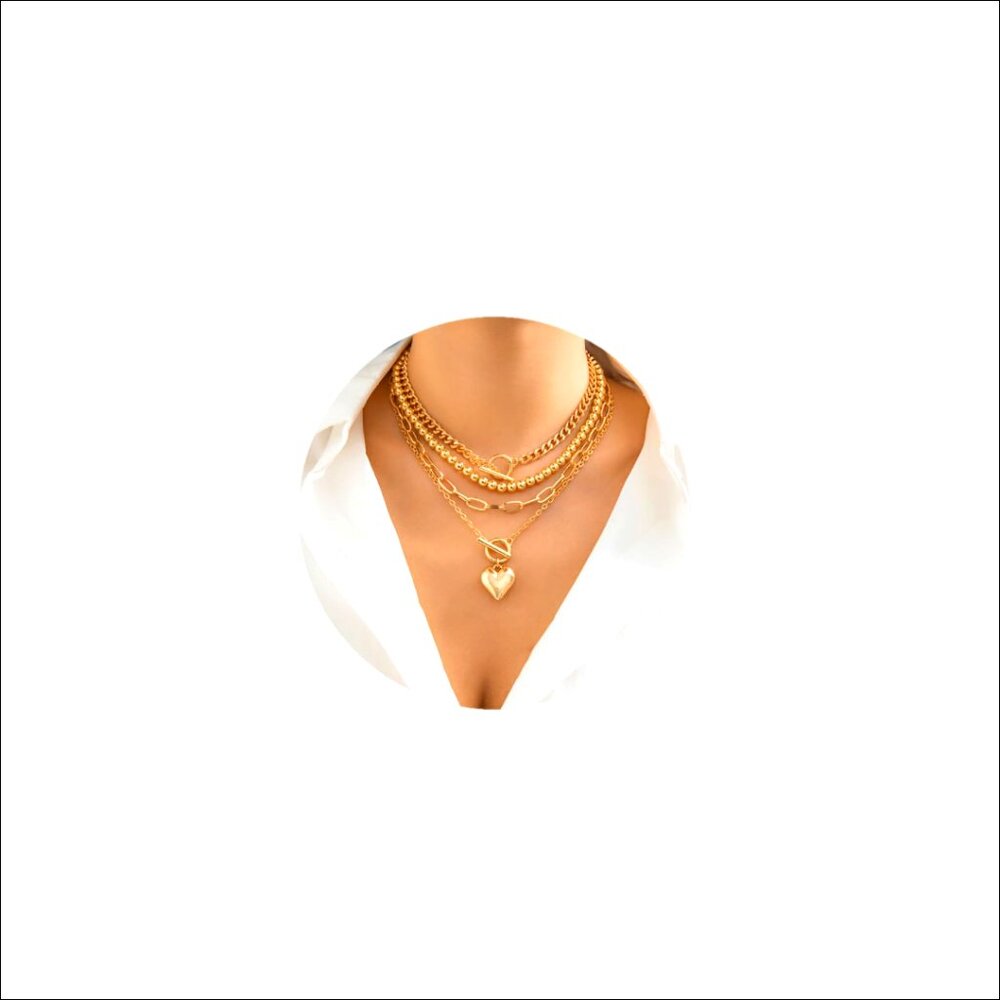 Gold Plated Layered Necklace Set with Heart Pendant and Paperclip Chain